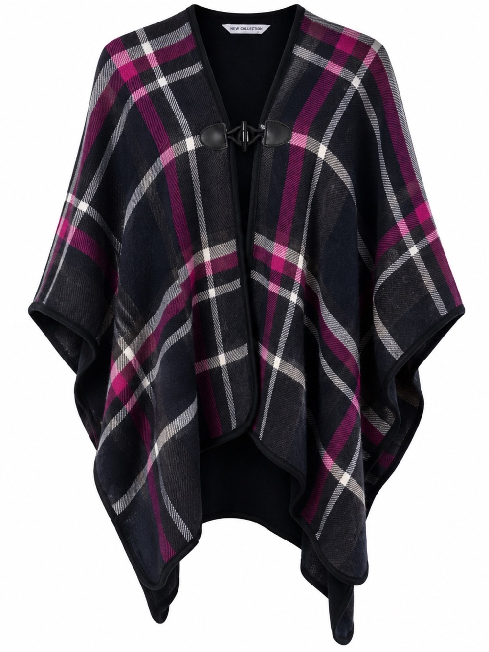 Peter Nygard Womens Plaid Poncho With Toggle Closure Black Pink One Size Fits Mo